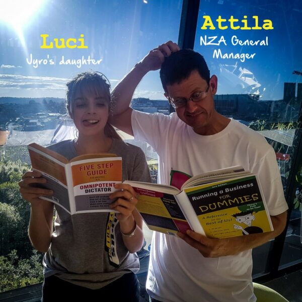 Luci and Attila reading "Running a Business for Dummies"