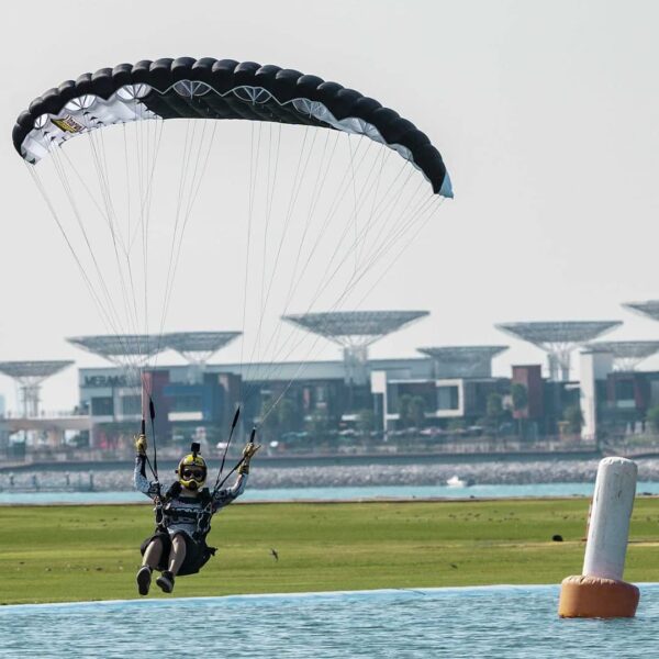 Cornelia swooping Icarus Petra over pond in Dubai