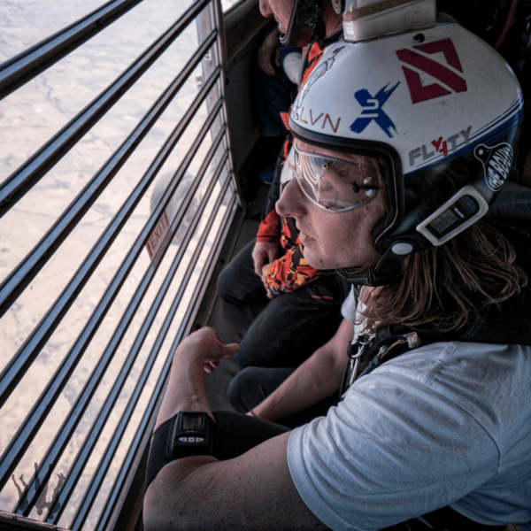 Andrew Keir focusing in the skydiving airplane prior to jumping out