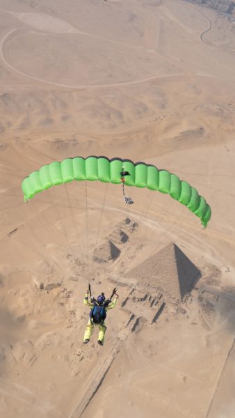 NZ Aerosports Icarus Crossfire 3 canopy flying above the pyramids