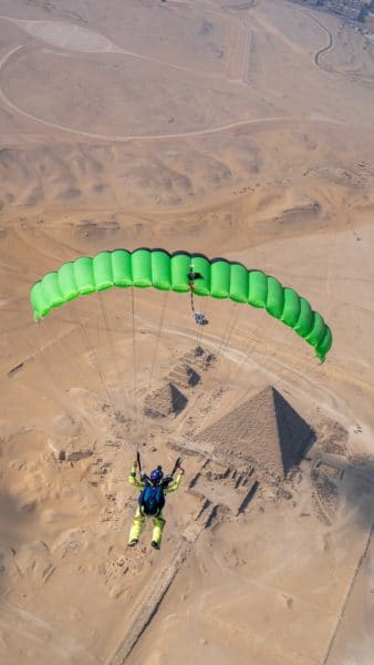NZ Aerosports Icarus Crossfire 3 canopy flying above the pyramids