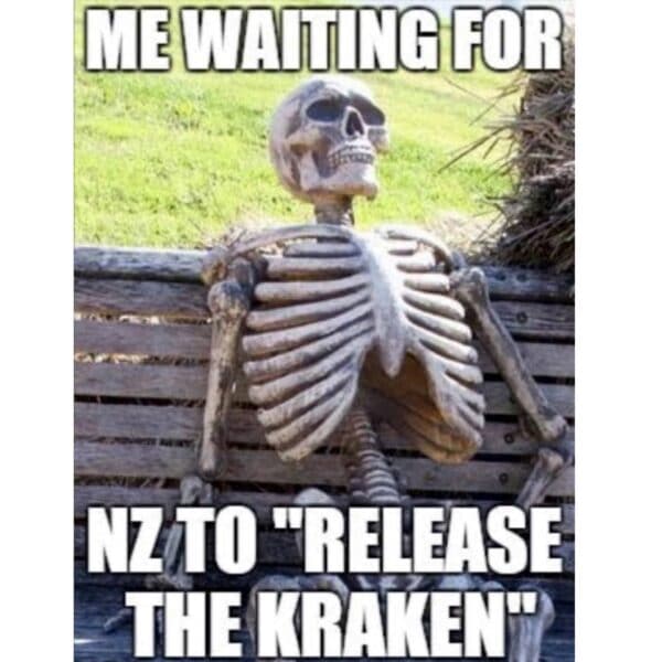 skeleton sitting on park bench with text over image saying me waiting for nz to release the kraken