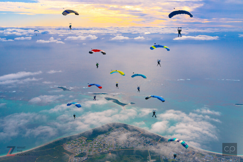 canopies flying in an x shape flocking formation towards the ocean