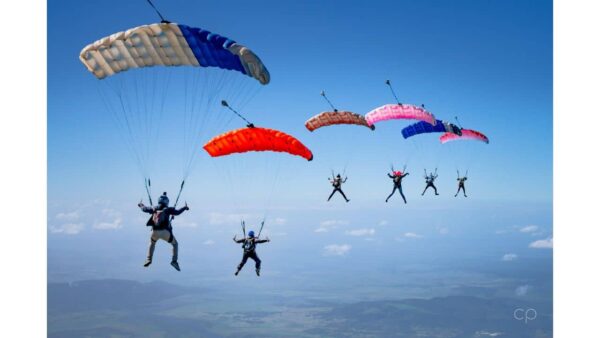 canopies flying in same direction with skydivers spreading legs wide