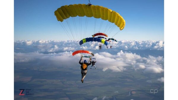 line of canopies flying forwards one behind the other