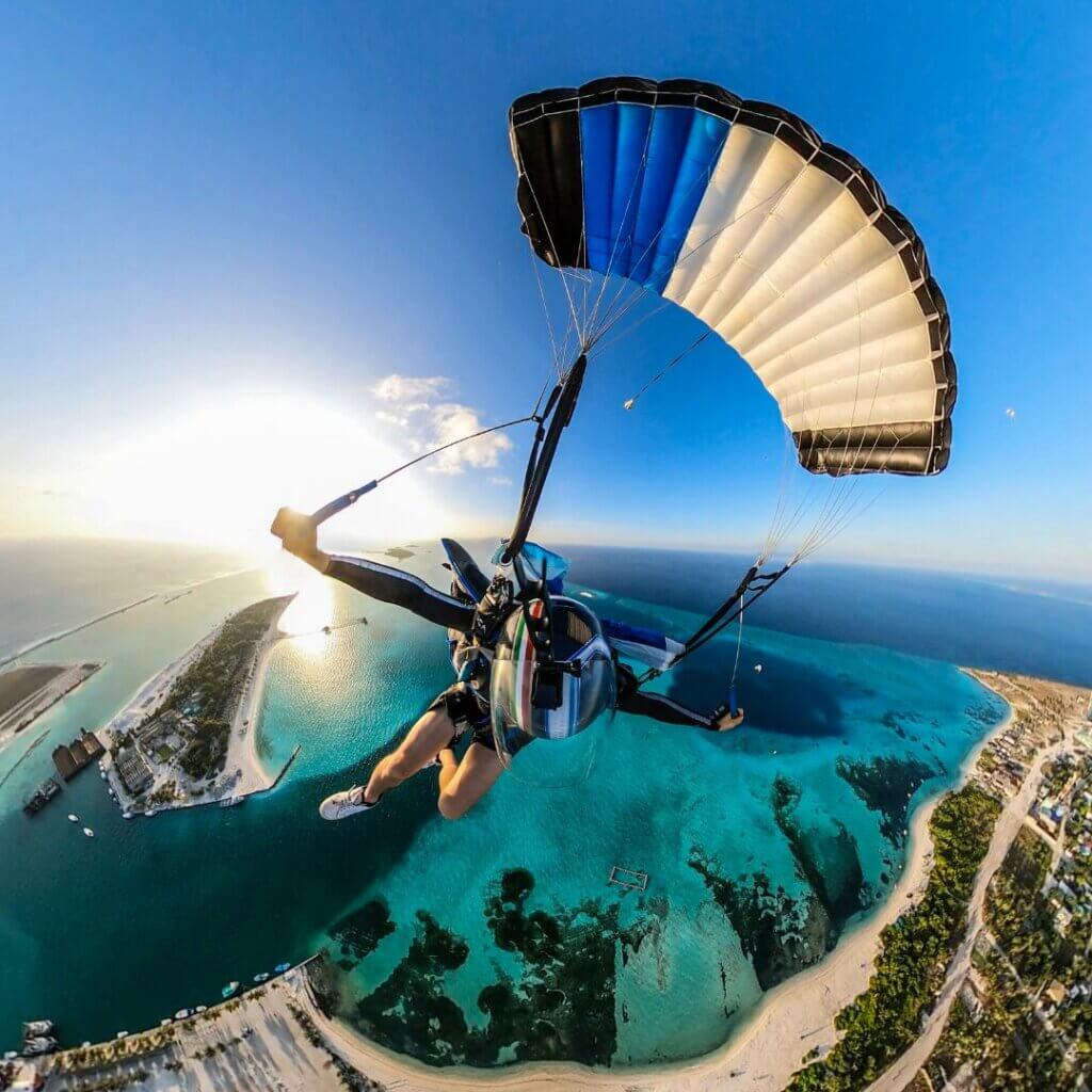 360 degree view of safire 3 flying over turquoise sea